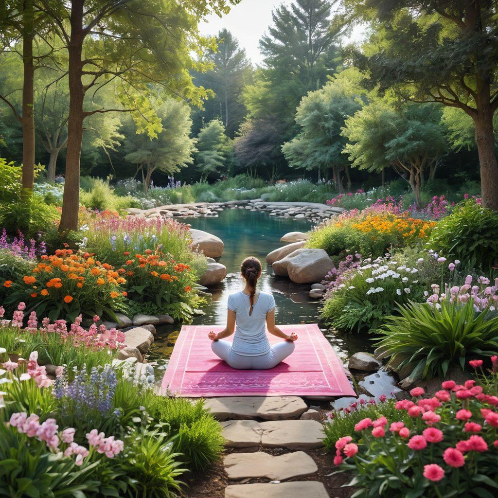 A serene landscape depicting a tranquil garden with vibrant flowers, a peaceful stream, and a diverse group of people practicing yoga and meditation. Include symbols of hope like butterflies and ribbons in soft pastel colors, while showcasing informative elements like wellness books and healthy foods around. The atmosphere should evoke calmness and positivity, highlighting the theme of empowerment in cancer care and prevention. super-realistic. vibrant colors. peaceful atmosphere.