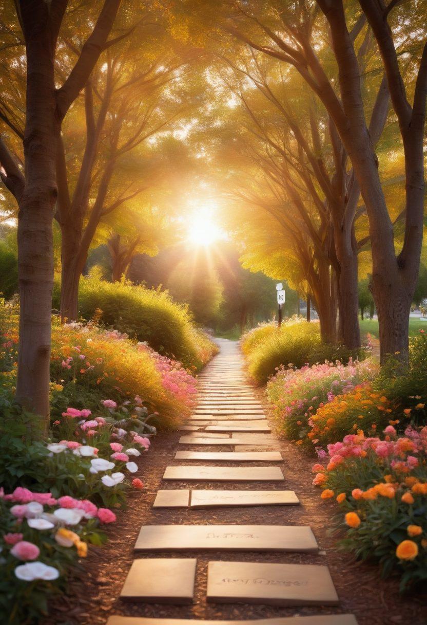 A serene pathway lined with diverse trees, symbolizing the journey of cancer survivors, featuring essential resources like books, support group icons, and healing flowers scattered along the path. A warm, inviting sunset casts a golden glow, creating a sense of hope and community. super-realistic. vibrant colors. soft focus.